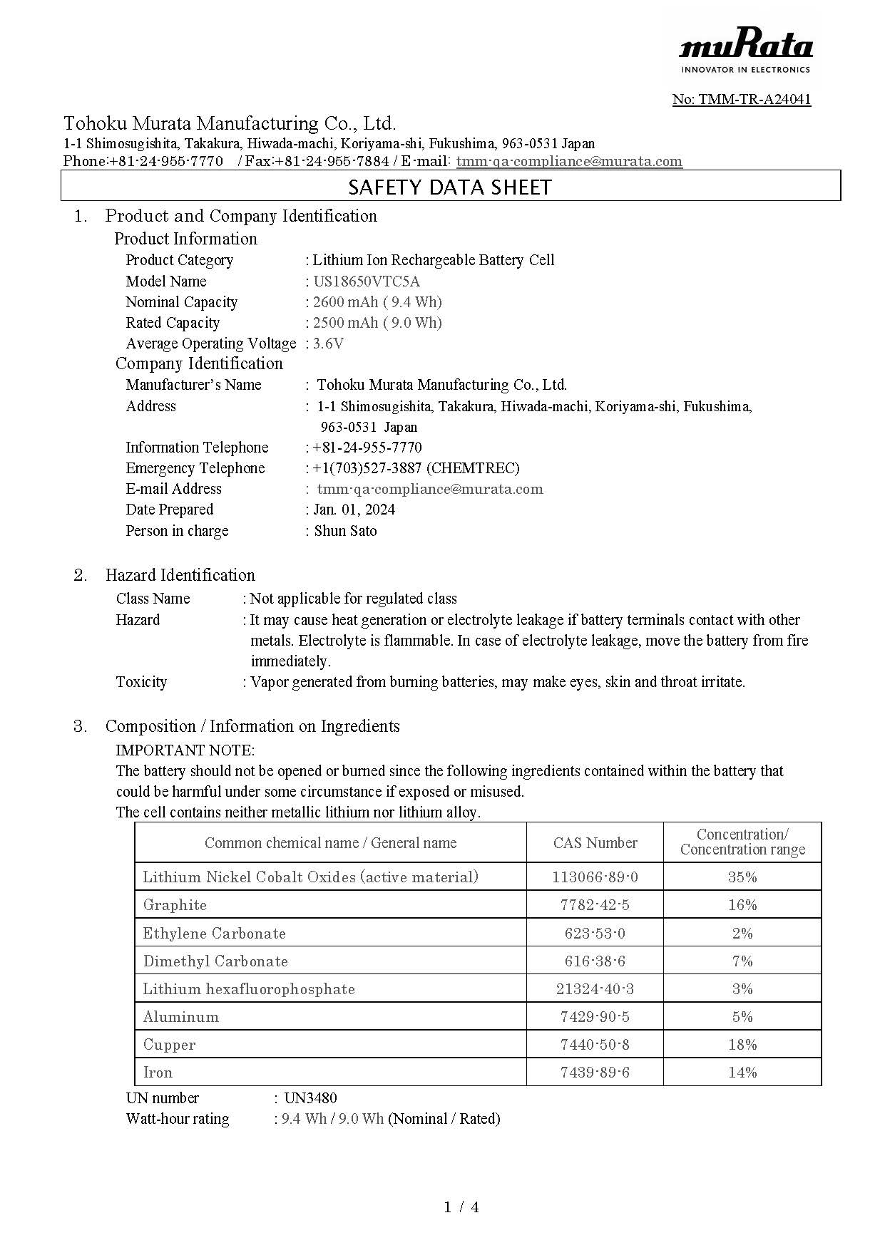 MURATA VTC5A 1s4p / 3.6V-3.7V / 10Ah 4 Zellen Block NEW mit Anlötfahnen